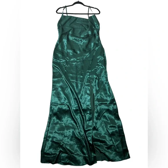 Lulus l NWT Caroline Emerald Green Satin Cowl Neck Maxi Dress - Picture 2 of 7